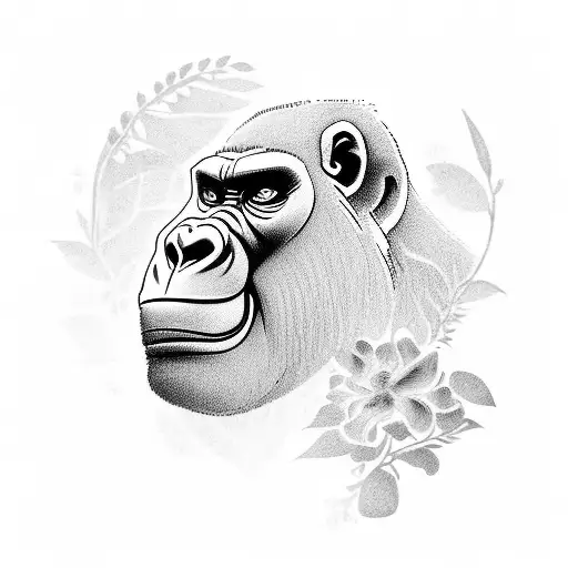 Neo Traditional, fearless gorilla,topic flowers, and set in a natural hue, with dark undertone tattoo design idea