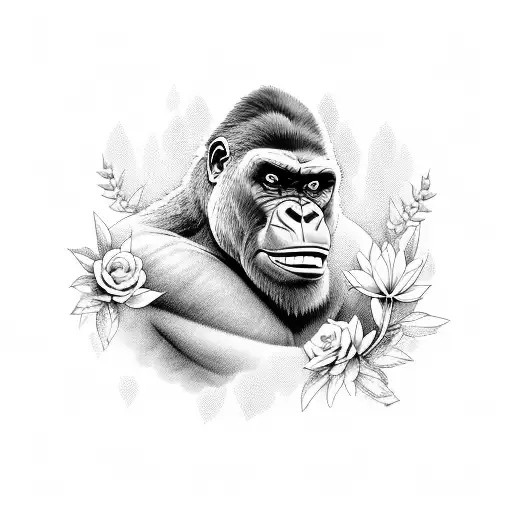 Neo Traditional, gorilla, with layered flowers, and set in nature tattoo design idea