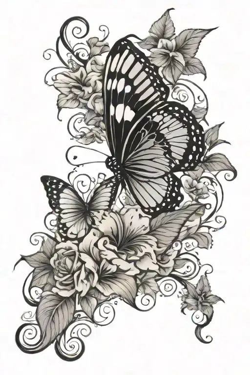 floral vines butterfly mountain scene tattoo design idea