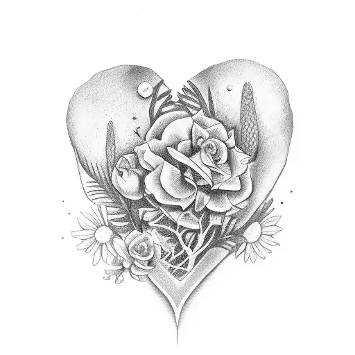 una mano sosteniendo 3 flores , una colgante de corazón en la mano tattoo design idea