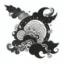Galaxy-themed cloud patterns with traditional Japanese elements intertwined tattoo design idea