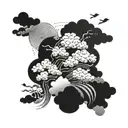 Galaxy-themed cloud patterns with traditional Japanese elements intertwined tattoo design idea