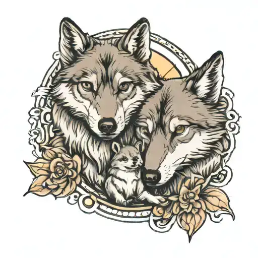baby wolf and big wolf with a moon in the background tattoo design idea