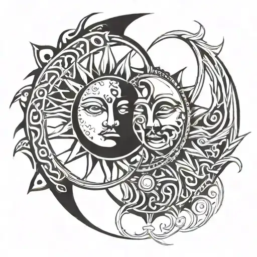 tribal sun and moon merging together tattoo design idea