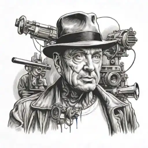 A black-grey portrait of a famous movie director or actor, with hidden engineering elements subtly incorporated into the background tattoo design idea
