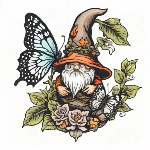 gnome and morel mushroom and butterfly  tattoo design idea
