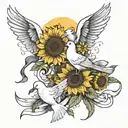 sunflowers and sun and white doves flying holding a ribbon tattoo design idea