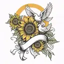 sunflowers and sun and white doves flying holding a ribbon tattoo design idea