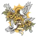 sunflowers and sun and white doves flying holding a ribbon tattoo design idea