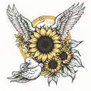 sunflowers and sun and white doves flying holding a ribbon tattoo design idea