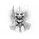 Architectural blueprint with a crying joker face hidden within the lines tattoo design idea