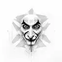 Architectural blueprint with a crying joker face hidden within the lines tattoo design idea