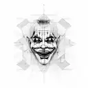 Architectural blueprint with a crying joker face hidden within the lines tattoo design idea