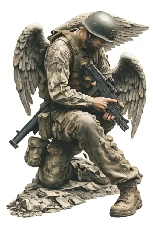 a soldier kneeling in front of an angel tattoo design idea