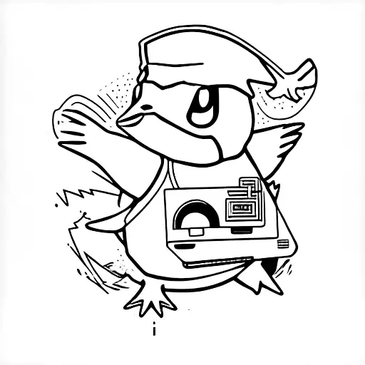 Psyduck pokemon screaming in front of their laptop tattoo design idea