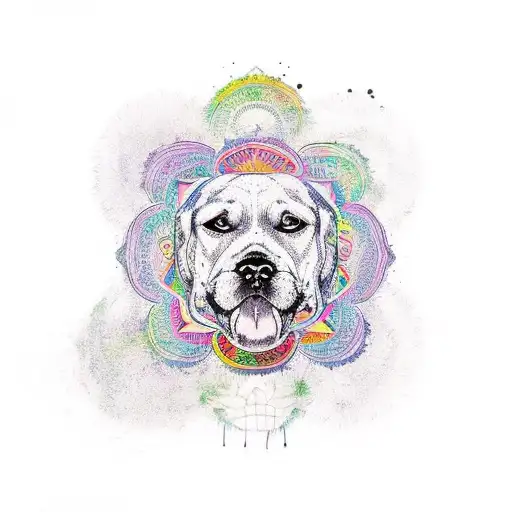 A colorful mandala design incorporating dog-related elements like bones and paw prints tattoo design idea