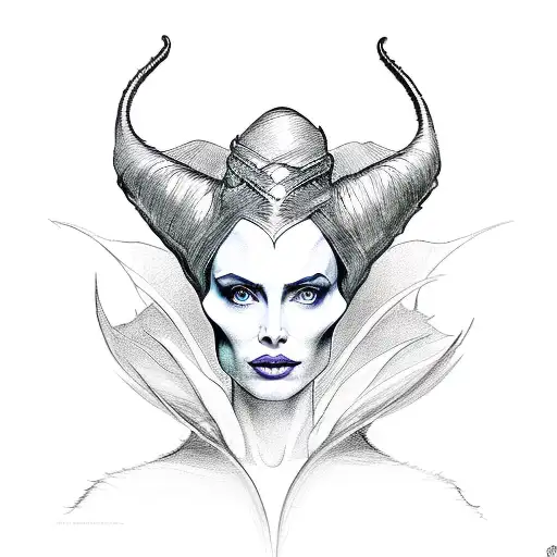 A sketch-style portrait of an actor transforming into Maleficent tattoo design idea