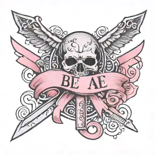 A simple tattoo with: A pink ribbon, with a dagger, jewellery and the letters B, A and E tattoo design idea