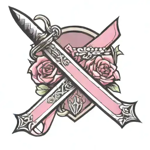 A simple tattoo with: A pink ribbon, with a dagger and jewellery  tattoo design idea