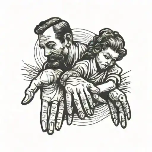 outline of a dad holding his three daughters hands tattoo design idea