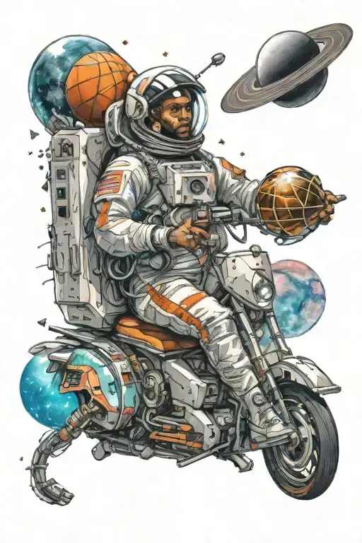 A futuristic transportation vehicle flying through space with LeBron James and an astronaut playing basketball inside, surrounded by music-themed elements tattoo design idea