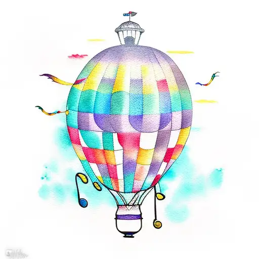 watercolor tattoo of a hot air balloon. music notes incorporated throughout. the words "Embrace the unknown with courage tattoo design idea