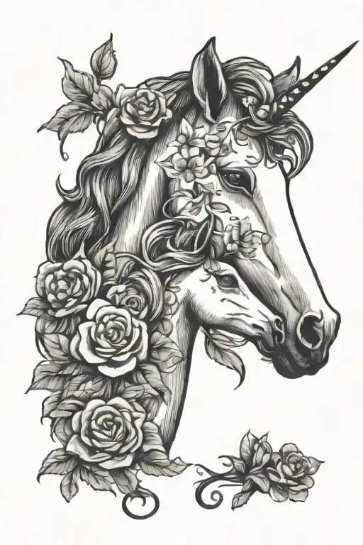 mom and baby unicorn, love, flowers surrounding tattoo design idea
