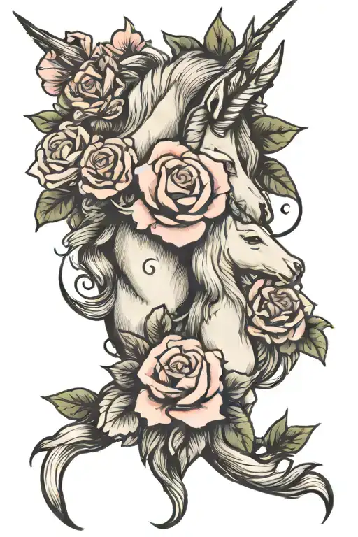 mom and baby unicorn, love, flowers intertwined tattoo design idea