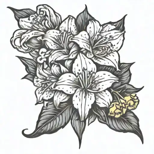 Create a black and white tattoo for the shin (front of leg) with poppy’s , gladiolus, narcissus, holly, daisy’s and swee tattoo design idea