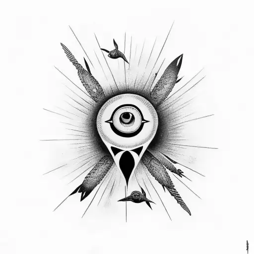 A detailed black-grey tattoo featuring a third eye with swallow birds flying out of it tattoo design idea