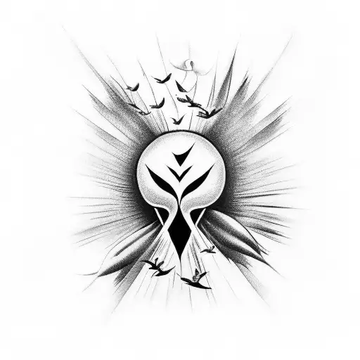 A detailed black-grey tattoo featuring a third eye with swallow birds flying out of it tattoo design idea