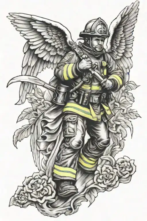 firefighter guardian angel protecting tattoo design idea