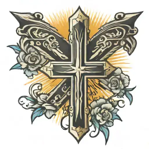 cross with banner wrapped around and sun rays coming off of it  tattoo design idea