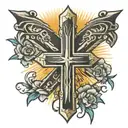 cross with banner wrapped around and sun rays coming off of it  tattoo design idea