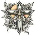 cross with banner wrapped around and sun rays coming off of it  tattoo design idea