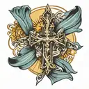 cross with banner wrapped around and sun rays coming off of it  tattoo design idea