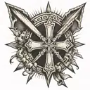 cross with banner wrapped around and sun rays coming off of it  tattoo design idea