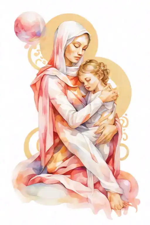 A modern interpretation of holy Mary and the child as futuristic cyborgs, blending technology with spirituality tattoo design idea