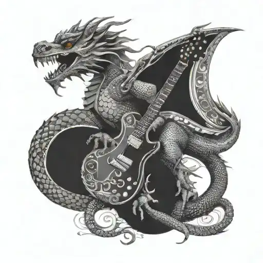 Design a tattoo of an Oriental Dragon playing a guitar or other musical instrument tattoo design idea