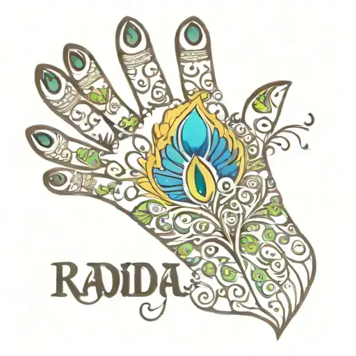 Design a hand tattoo with the names 'Radhe' and 'Krishna' in Devanagari script. Add a colorful peacock feather above the tattoo design idea