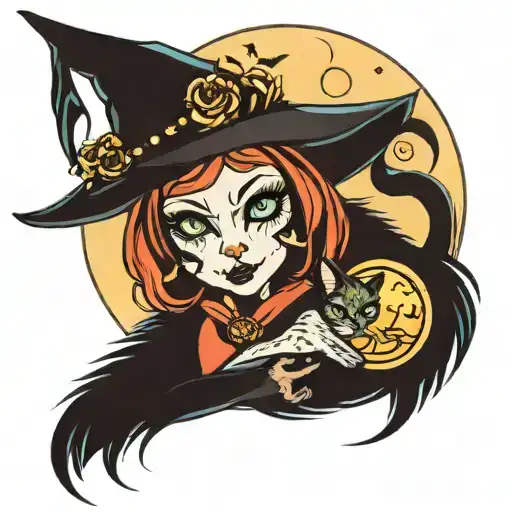full moon cat witch tattoo design idea