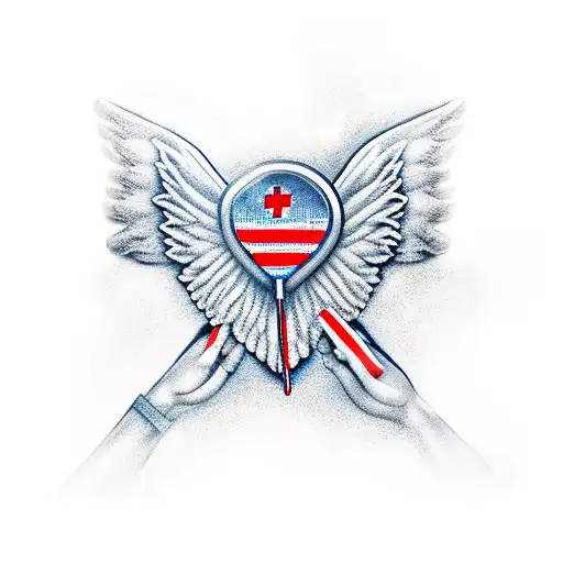A nurse angel holding a folded flag in one hand and dog tags in the other, honoring fallen soldiers and healthcare heroes tattoo design idea