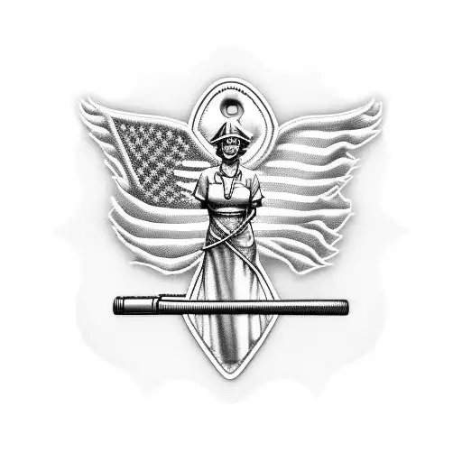 A nurse angel holding a folded flag in one hand and dog tags in the other, honoring fallen soldiers and healthcare heroes tattoo design idea