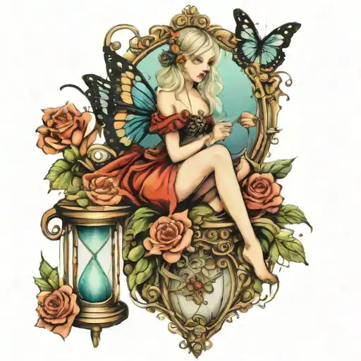fairy sitting on hourglass roses butterflies on thigh Women's tattoo tattoo design idea