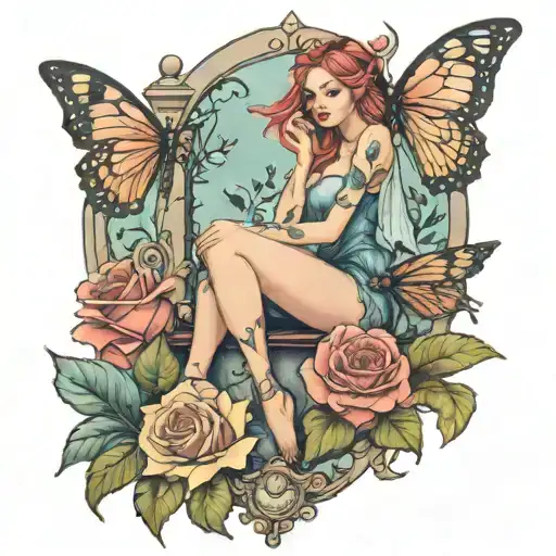fairy sitting on hourglass roses butterflies on thigh Women's tattoo tattoo design idea