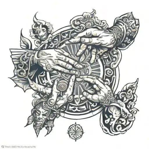 gods of olympus making gesture with the hand of fatima tattoo design idea