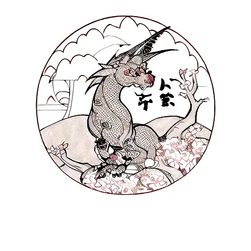 A fierce dragon in a blackwork style, surrounded by cherry blossom trees and a Japanese kanji symbol for strength. tattoo design idea