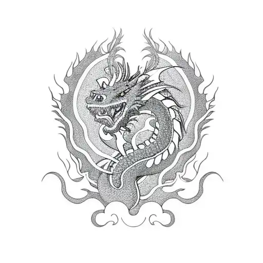 A fierce dragon in a blackwork style, surrounded by cherry blossom trees and a Japanese kanji symbol for strength. tattoo design idea