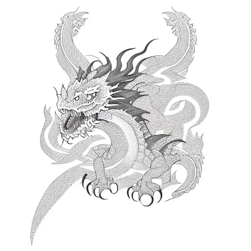 A fierce dragon in a blackwork style, surrounded by cherry blossom trees and a Japanese kanji symbol for strength. tattoo design idea