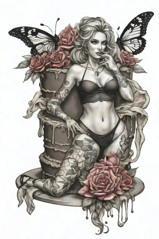 cake and sexy milfs in underwear tattoo design idea